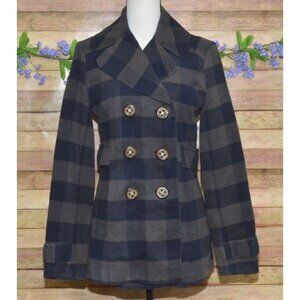 Fossil Ladies Blue Plaid Wool Blend Peacoat Winter Jacket Size S Warm Classic